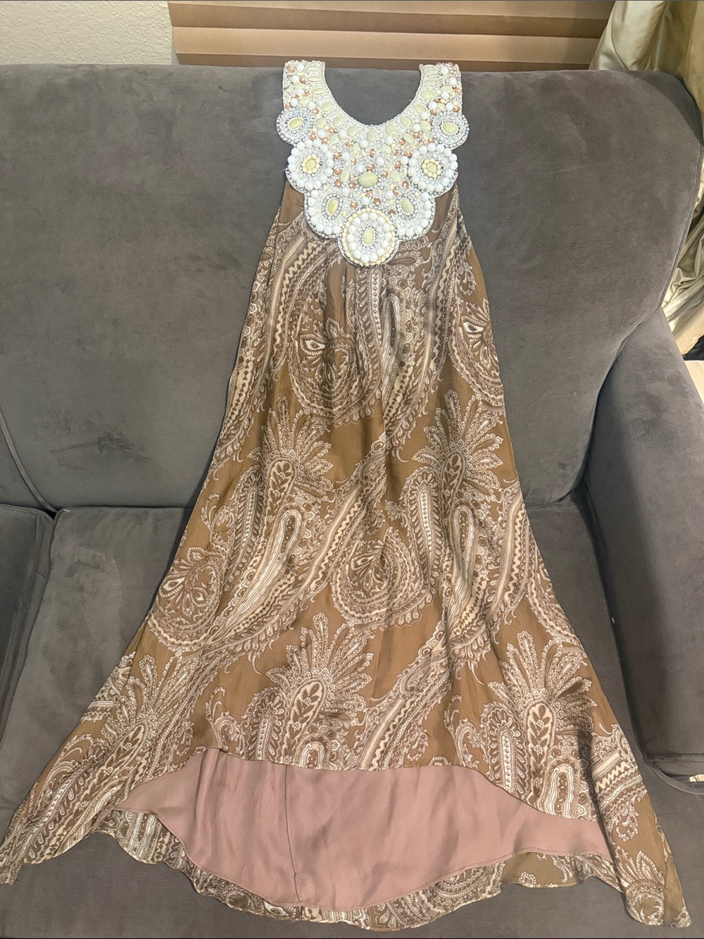 Haute Hippie Brown Paisley Backless Maxi Dress with Embellished Ivory Neckline
